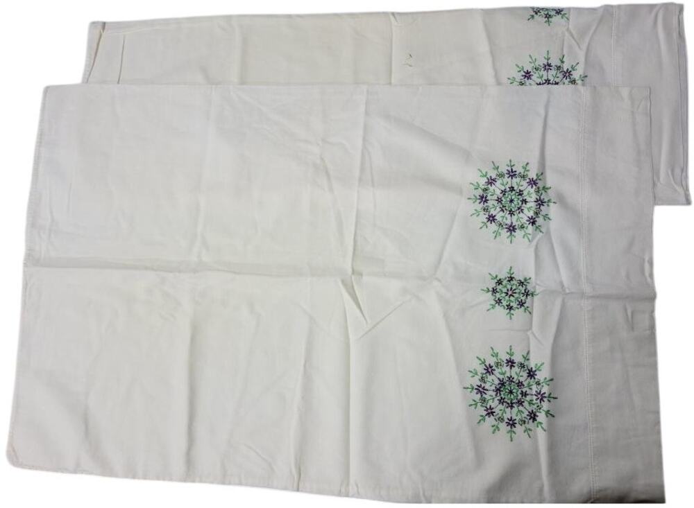VTG Queen Hand Embroidered purple green abstract flowers Pillow Case set Sham